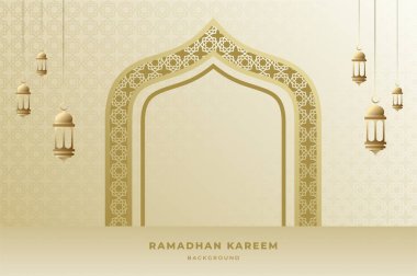 Zarif İslami süs ve arka planda fener, Arap kubbesi ve lüks altın rengi desenler. Ramazan Kareem, Bayram Mübarek ve festival konsepti.