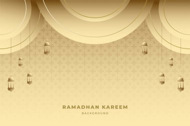 Zarif İslami süs ve arka planda fener, Arap kubbesi ve lüks altın rengi desenler. Ramazan Kareem, Bayram Mübarek ve festival konsepti.