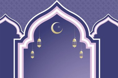Fenerli ve aylı İslami mimari pencere, mor renkli ramazan arap kemeri. Kopya alanı ile İslami kutlama şablonu.