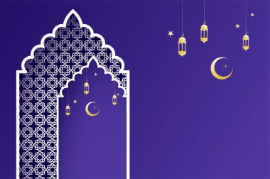 Fenerli ve aylı İslami mimari pencere, ramazan arap kemeri. Kopya alanı ile İslami kutlama şablonu.