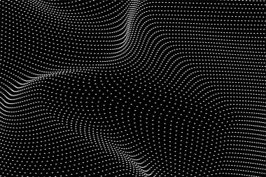 Soyut arkaplan akışkan noktalar siyah beyaz parçacık dalgası. Teknoloji, biyoloji, bilim ve dinamik resimleme kavramı.