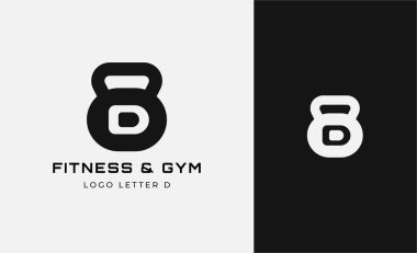 Logo Fitness D harfi ve spor aletleri konsepti. Mantar, bal kabağı, kettlebell konsepti. Fitness, sağlık, vücut geliştirici logo tasarım şablonu.