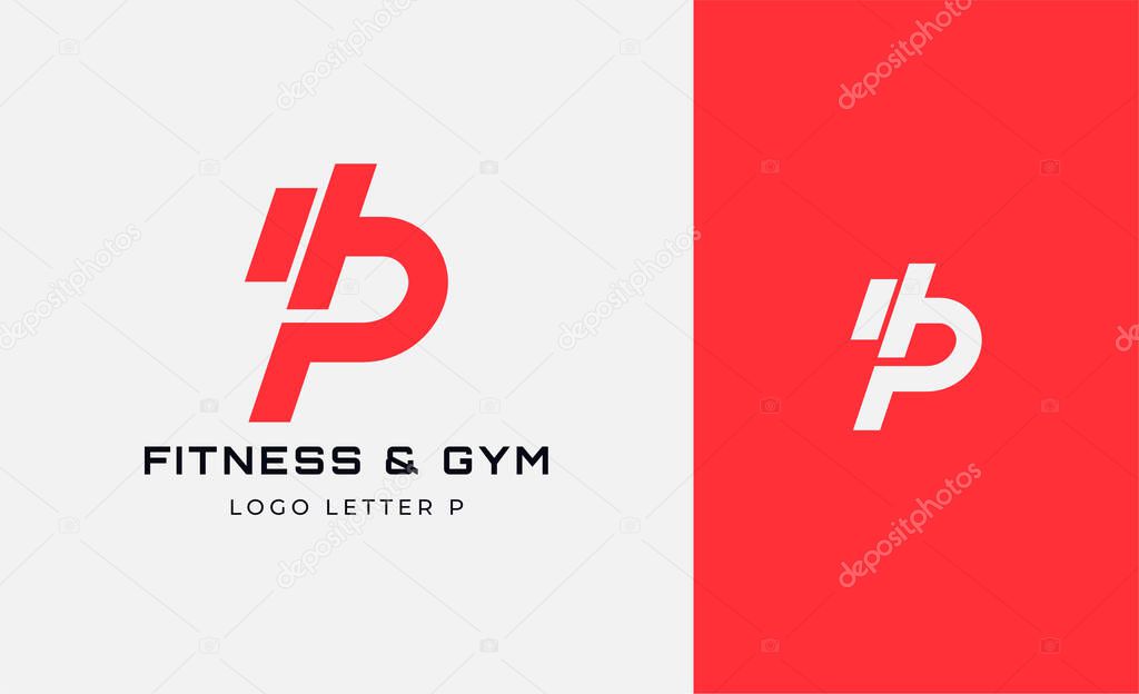 Logo Fitness letter P with Gym equipment concept. Dumbble, bumble, kettlebell concept. Fitness, health, body builder logo design template.