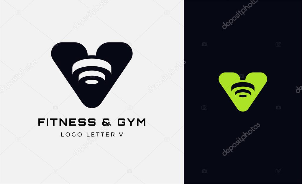 Logo Fitness letter V with Gym equipment concept. Dumbble, bumble, kettlebell concept. Fitness, health, body builder logo design template.