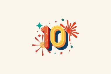 Logo Number Colorful 10th, 10th Happy Birthday or Anniversary with fireworks concept. Happiness and funny design concept.