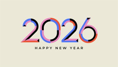 Geometrik minimalist şekilli, kutlama, tebrik kartı, davetiye, takvim konseptli 3D mutlu yıllar. Yeni yıl şablonu 2026.