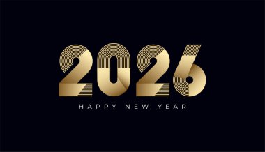 Mutlu yıllar 2026 minimal geometrik çizgiler ve altın ve gümüş şekiller, kutlama, tebrik kartı, davetiye, takvim konsepti. Yeni yıl şablonu 2026.