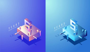 3D Isometric Yıldönümü Tasarımı 5. Yıldönümü Renkli Sınıfta. Teknoloji, Fütürist ve Modern Konsept.