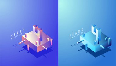 3D Isometric Yıldönümü Tasarımı 4, 4. yıl dönümü Renkli Gradyan. Teknoloji, Fütürist ve Modern Konsept.