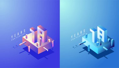 3D Isometric Yıldönümü Tasarımı Renkli Derece 18, 18. yıl dönümü. Teknoloji, Fütürist ve Modern Konsept.