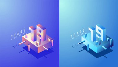 3D Isometric Yıldönümü Tasarımı 19, 19. yıl dönümü Renkli Derece. Teknoloji, Fütürist ve Modern Konsept.