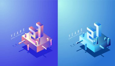 3D Isometric Yıldönümü Tasarımı 21. Renkli Sınıfta 21. yıl dönümü. Teknoloji, Fütürist ve Modern Konsept.