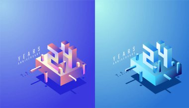 3D Isometric Yıldönümü Tasarımı 24, 24. Renkli Derece Yıldönümü. Teknoloji, Fütürist ve Modern Konsept.