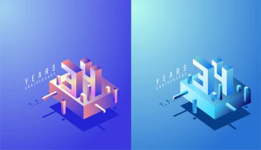 3D Isometric Yıldönümü Tasarımı 34. yıl dönümü Renkli Derece. Teknoloji, Fütürist ve Modern Konsept.