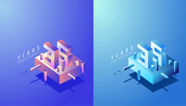 3D Isometric Yıldönümü Tasarımı 35, 35. Yıldönümü Renkli Derece. Teknoloji, Fütürist ve Modern Konsept.