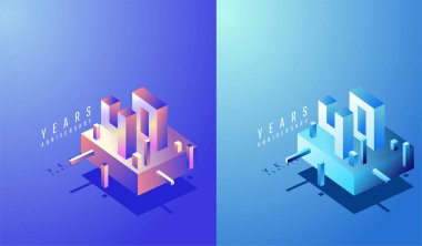 3D Isometric Yıldönümü Tasarımı Renkli Derece 40. yıl dönümü. Teknoloji, Fütürist ve Modern Konsept.