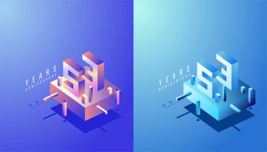 3D Isometric Yıldönümü Tasarımı 53üncü, 53. yıl dönümü Renkli Gradyan. Teknoloji, Fütürist ve Modern Konsept.