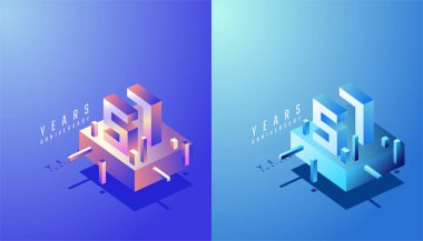 3D Isometric Yıldönümü Tasarımı 57., 57. Yıldönümü Renkli Derece. Teknoloji, Fütürist ve Modern Konsept.