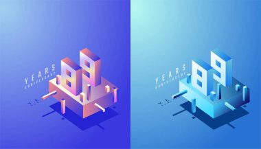 3D Isometric Yıldönümü Tasarımı 89., 89. yıl dönümü Renkli Derece. Teknoloji, Fütürist ve Modern Konsept.
