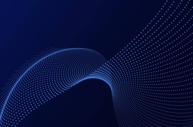 Dinamik büyük veri mavi neon parçacık dalgası teknolojik soyut arkaplanı noktalıyor. Hareket ve derinlik efektli geleceksel tasarım ve boşluğu kopyala.