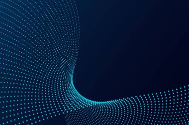 Dinamik büyük veri yeşil neon parçacık dalgası teknoloji soyut arkaplanı noktalar. Hareket ve derinlik efektli geleceksel tasarım ve boşluğu kopyala.