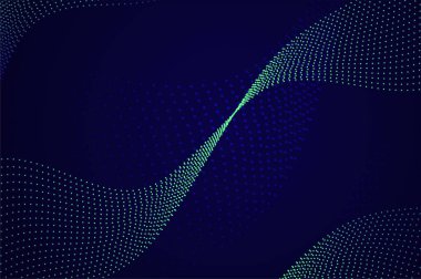 Koyu mavi soyut arka planda minyatür dinamik neon yeşil parçacık dalgası çizgisi. Kopya alanı ile soyut ses, veri, teknolojik görselleştirme.