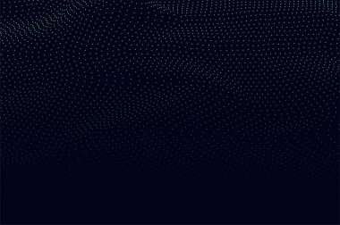 Koyu mavi soyut arka planda minyatür dinamik neon yeşil parçacık dalgası çizgisi. Kopya alanı ile soyut ses, veri, teknolojik görselleştirme.