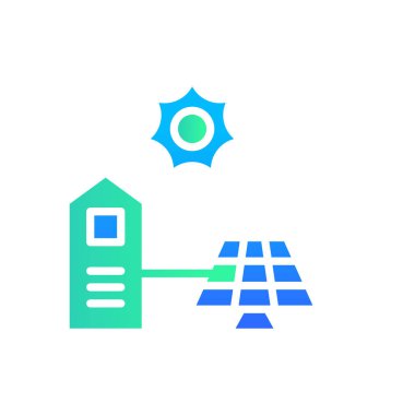 Güneş panelinden güç alan ikon düz gradyan ev. Bedava enerji, ekoloji, yenilenebilir, yeşil enerji ve güneş enerjisi santrali kavramı. Gradyan mavi ve Düz simge.