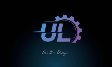 Yaratıcı UL Gear Füzyon Logosu Endüstriyel Teknoloji İlhamlı Harf İşaretli Teknoloji ve Mühendislik Markaları Tasarımı.