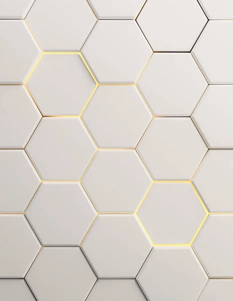 Abstract white hexagons background with gold glow lines between them. 3D rendering