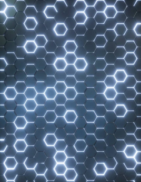 Abstrakt Svart Hexagoner Bakgrund Med Glöd Linjer Mellan Dem Rendering — Stockfoto