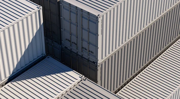 Reserve cargo sea containers stored on open warehouse. 3D rendering.