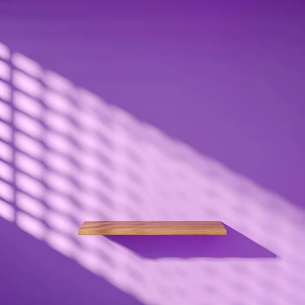 Пустой Деревянный Полка Фиолетовом Фоне Стены Цвета Тенью Рендеринг — стоковое фото