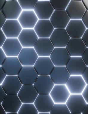 Aralarındaki parlak çizgilerle soyut siyah altıgenler. 3B görüntüleme