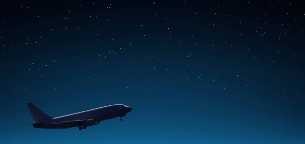 Taking off passenger airplane against the background of the night starry sky. 3D Render