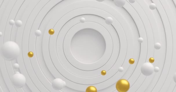 Абстрактний Відкритий Фон Білими Матовими Золотими Сферами Плавають Над Білими — стокове відео