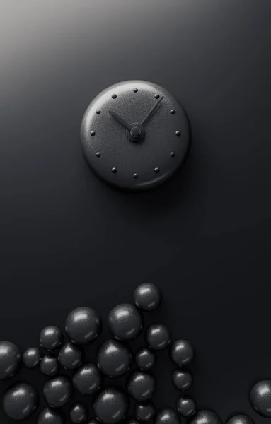 Black wall clock with minimalistic design on a black wall. 3D rendering
