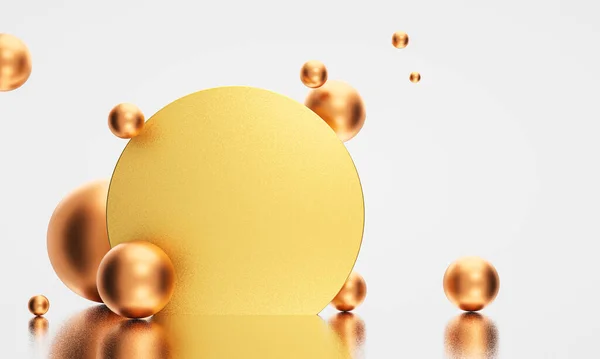 结霜的金圆 周围有铜球 放在镜面上 摘要背景 3D渲染 — 图库照片