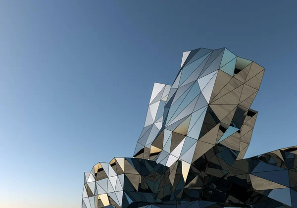 澄んだ空に対して ガラスと金属から作られた抽象的なオフィスビルの外観 3Dレンダリング — ストック写真