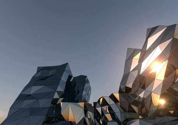日没の空に対して ガラスと金属から作られた抽象的なオフィスビルの外観 3Dレンダリング — ストック写真