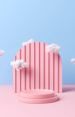 Havada küçük bulutlar olan boş bir sahne şablonu. 3B görüntüleme