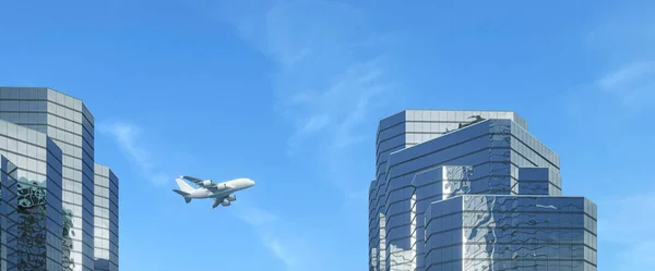 Vliegtuig Vliegt Wolkenkrabbers Stad Weergave Stockafbeelding
