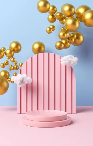 Lege Sokkel Podium Template Met Wolken Gouden Ballonnen Rond Weergave Stockfoto