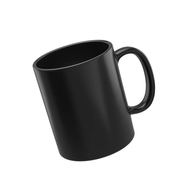Mockup of black blank ceramic coffee mug floating in air. Isolated on white. 3D rendering