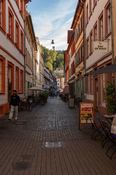 Narrow streets of Heidelberg's inner city on a sunny autumn day.