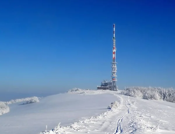 The tower on the highest peak of the White Carpathians - Velka Javorina. The place through which the Czech-Slovak border passes.Winter, snow, fog. Central Europe.