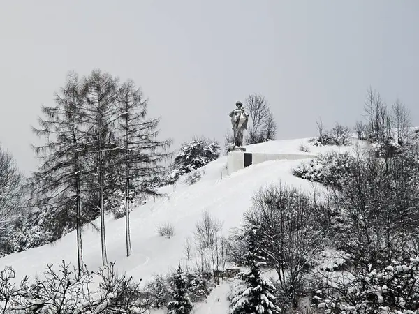 Slovakya 'nın Terchova köyü. Haydut Juro Janosik 'in heykeli. Tüm bölge karla kaplı..