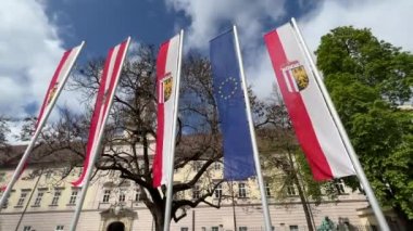 Landhaus Linz 'de Avusturya, Avusturya ve Avrupa' nın resmi bayrakları. Yüksek kaliteli FullHD görüntüler