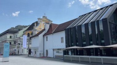 Linz şehir merkezi manzarası Mariendom 'un yanında. Yüksek kalite 4k görüntü