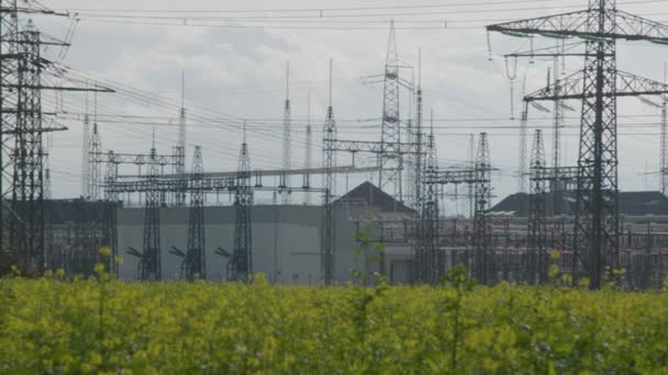 高压Pylons Substation Canola Field 高质量的4K镜头 — 图库视频影像
